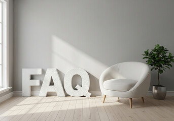 Large FAQ letters in minimalist white room with modern chair and potted plant in soft natural lighting for customer support