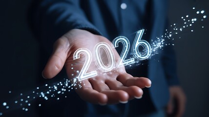 A person in a blue shirt holds the glowing 2026 year in their hand with sparkling particles