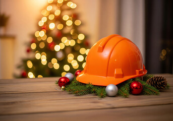 Orange hard hat with Christmas decorations on wooden table in warm cozy lighting for construction holiday