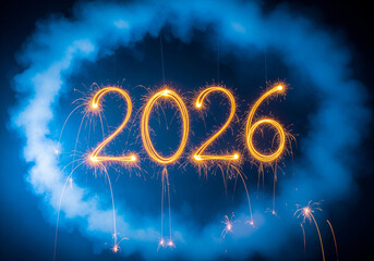 New Year 2026 Sparkling Fireworks in Blue Smoke with Golden Numbers in Dramatic Night Lighting for Celebration