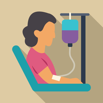 Patient sitting while receiving intravenous infusion from a drip bag on a stand