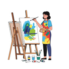 Young Female Artist Painting Colorful Abstract Landscape on Canvas in Studio Environment