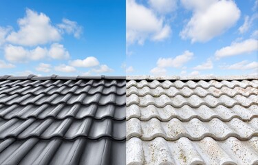 Roof Tiles Before And After Cleaning Against Blue Sky With Clouds Showing The Difference In Appearance And Maintenance Results