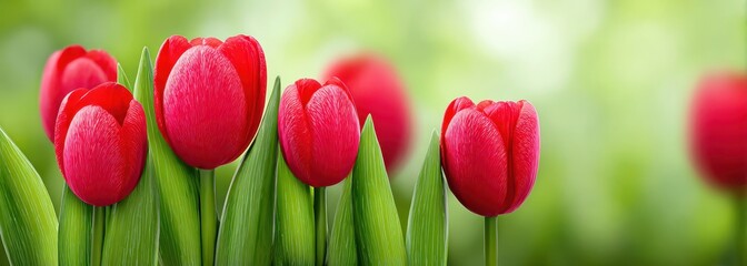 Vibrant Red Tulips With Green Leaves And Water Droplets On Blurred Green Background For Springtime Floral Designs And Nature Photography Projects