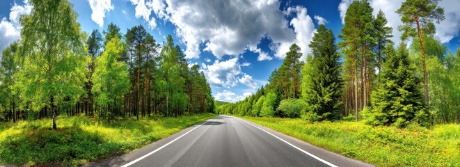 Scenic Asphalt Road Through Green Forest With Blue Sky And Clouds Summer Landscape Travel Photography Nature Background Outdoor Scenery Road Trip Concept