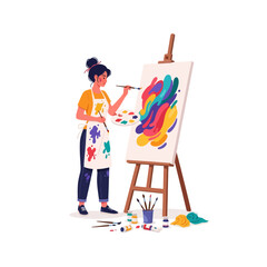 Fototapeta premium creative female artist expressing vivid abstract painting on canvas with colorful brushstrokes