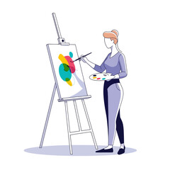 Fototapeta premium illustration of a woman artist creating colorful artwork on a canvas with digital tools and