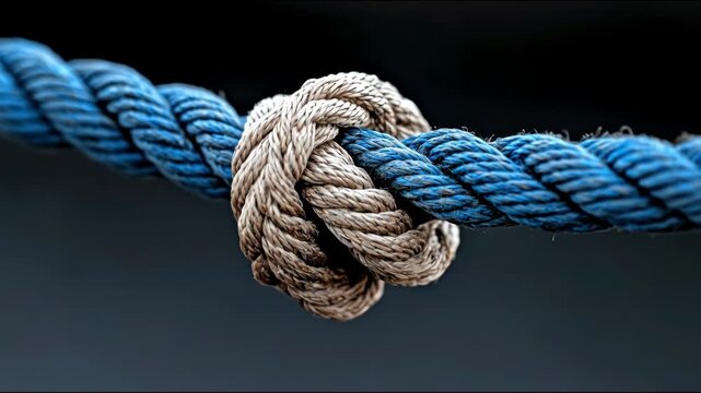 A close-up showcases a complex knot connecting two ropes. One rope is blue, the other beige, and the background is dark