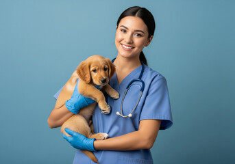 Veterinarian holding adorable golden puppy in blue latex gloves with stethoscope around neck in soft blue scrubs against plain blue background for pet care advertising