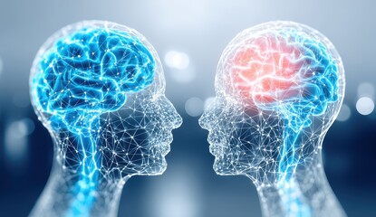 Digital Brain Connection Concept with Two Human Heads and Neural Networks Blue and Red Brains Artificial Intelligence and Innovation