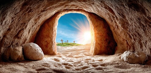 Empty Tomb With Stone Rolled Away And Three Crosses On Hillside Against Blue Sky For Easter And Religious Themes