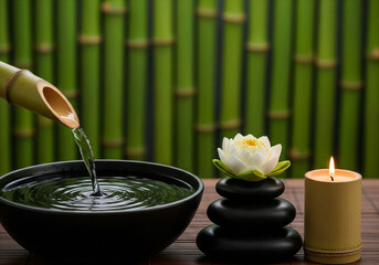 Serene spa scene with lotus flower and candles in soft natural lighting on wooden table for wellness