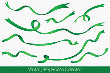 Realistic set of green ribbons isolated on a transparent background, featuring curved ribbons in different lengths, twists, and shapes. Vector illustration for holiday decorations and graphic projects