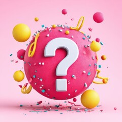 Pink Sphere With Question Mark Confetti And Yellow Balls On Pink Background For Mystery Doubt And Uncertainty Concepts