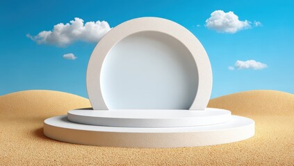 Minimalist Podium With Round Backdrop On Sand Dune Against Blue Sky With Clouds For Product Display And Presentation Backgrounds