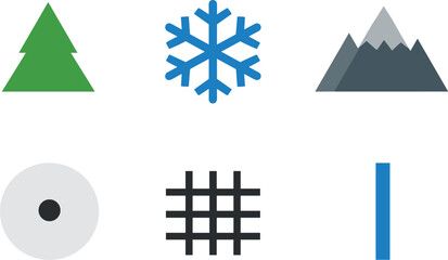 Obraz premium Set of six geometric icons: tree, snowflake, mountain, circle, grid, stripe