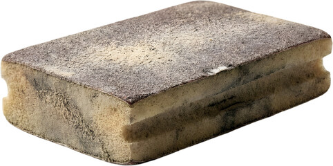 Used abrasive sanding sponge block isolated on white background perfect for carpentry diy renovation guides and surface preparation tutorial videos.