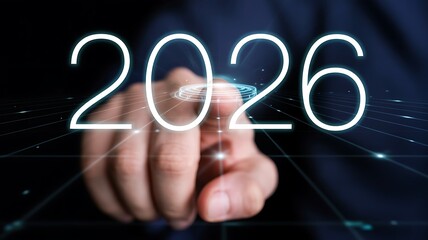 A person interacting with a futuristic interface displaying the year 2026 in glowing white numbers