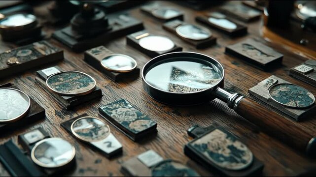 A detective's desk features a magnifying glass with a map view and various antique objects on a wooden surface. Magnified details