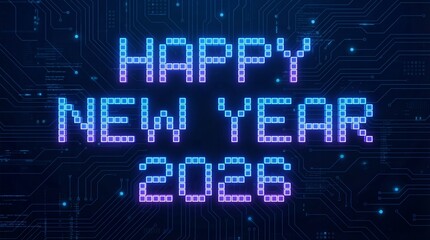 Happy New Year 2028 celebration with glowing blue and purple digital circuit board background