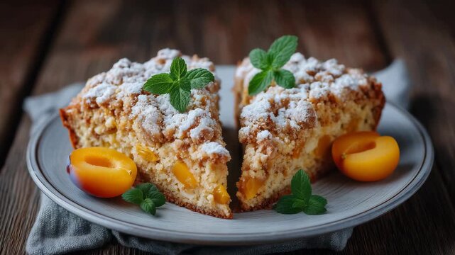 4k Close-up of two triangular cake slices with crumble and powdered sugar on plate, garnished with orange and green plums, rustic dessert presentation, bright daylight, appetizing hom