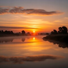 Obraz premium Golden Sunset Reflections Over Serene Waters.