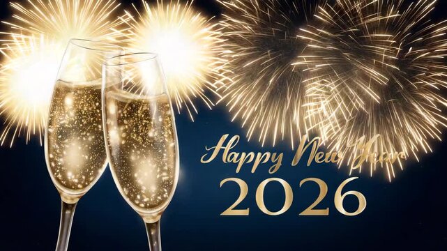 4K Elegant festive background with golden ""Happy New Year 2026"" text, fireworks in the night sky, two clinking champagne glasses with sparkling wine, celebration atmosphere, luxury gr