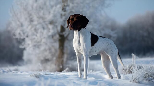 4k Elegant pointer standing proudly on snowy ground with frosty trees in the background, breath visible in the cold air. dog, pointer breed, winter nature, snow field, animal photogra