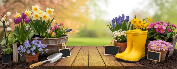 A vibrant spring garden display with colorful flowers and gardening tools