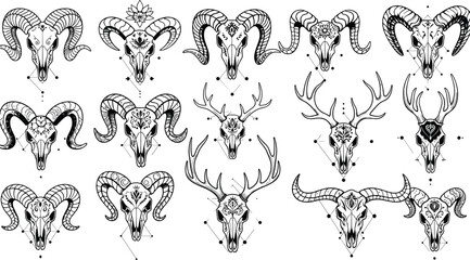 Obraz premium Animal skull line art set, ram and deer skull illustrations, boho tribal sacred geometry design, black and white vector artAnimal skull line art set, 