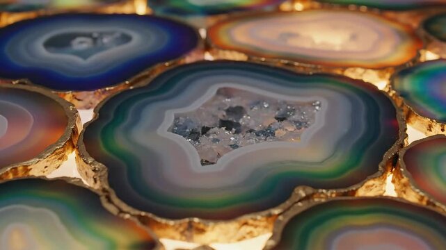 Close-up of polished agate slices with gold edges, revealing natural patterns and textures.