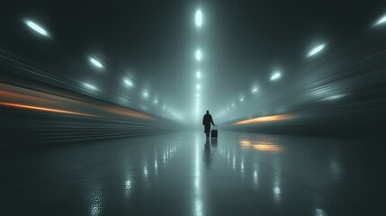 A person stands alone at a subway station holding a suitcase. The station is filled with fog and dim lights. A train speeds by, creating a sense of movement and anticipation in the scene