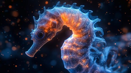 A seahorse swims through water filled with colorful lights and glowing patterns. The scene captures the unique shape and details of the seahorse, showcasing its environment