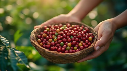 Hands are holding a woven basket filled with ripe coffee cherries in a coffee plantation. The scene shows the morning light shining through the coffee plants, highlighting the harvest