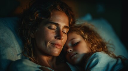 A woman and a young girl relax together as they rest in a dimly lit room. The woman appears to be enjoying a peaceful moment with the child nestled closely against her