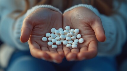 Two hands are opened wide with a collection of white tablets visible in the center. The background shows a soft light and a person wearing a cozy sweater is seated nearby