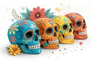 Four colorful festive skulls with intricate floral patterns are beautifully arranged in a line on a clean bright white background.