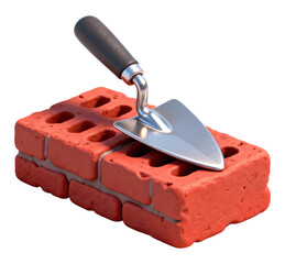 Brick and trowel 3D illustration, isolated on transparent background, png