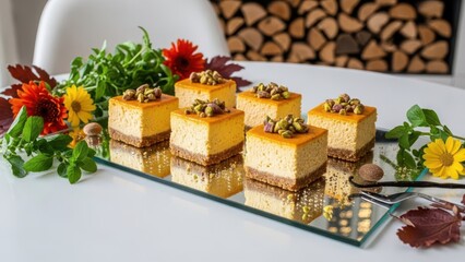 Six square portions of pumpkin cheesecake with pistachio topping served on a long reflective glass tray, garnished with fresh autumn flowers and greenery on a white table