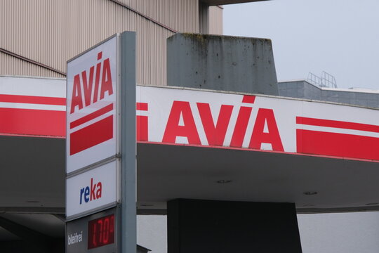 Lucerne,Switzerland-Oct.1st 2025: AVIA brand logo on gas station