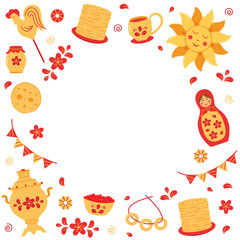 Frame Maslenitsa or Shrovetide traditional holiday marking the end of winter. Vector doodle illustration of pancakes, samovar, matryoshka, sun, cockerel.