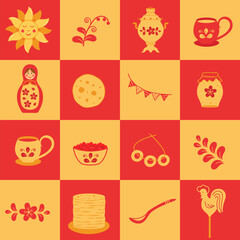 Maslenitsa or Shrovetide traditional holiday marking the end of winter. Vector doodle illustration of pancakes, samovar, matryoshka, sun, cockerel.