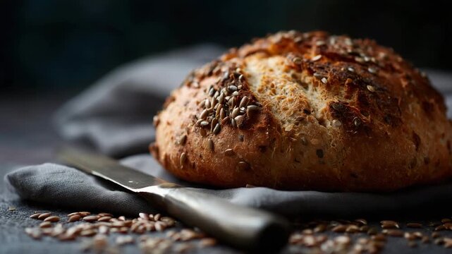 Artisan whole grain bread with seeds on a dark textured tabletop, vintage knife resting nearby