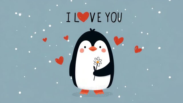 cute little penguin with flower and I love you message illustrated animation
