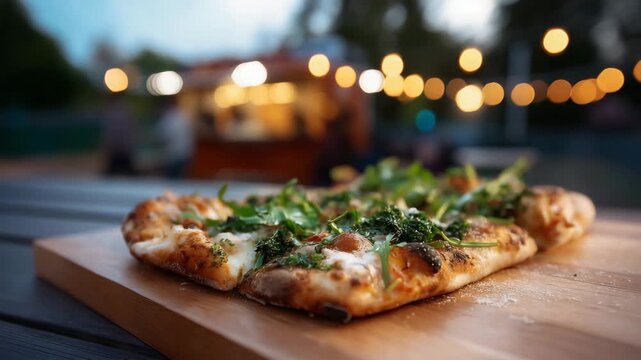 Delicious pizza topped with fresh greens and herbs on a wooden table, with warm glowing string lights and a food truck softly blurred in the background, creatin