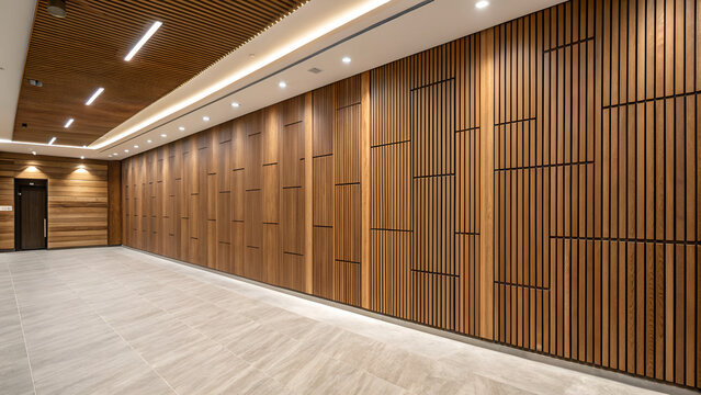 Wood background banner panorama long - Brown wooden acoustic panels wall texture , seamless pattern, vertical
 - Powered by Adobe