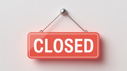 High-definition 2D coral-red CLOSED sign, bold white sans-serif text, metallic hooks, minimalist flat design, premium commercial, marketable illustration.