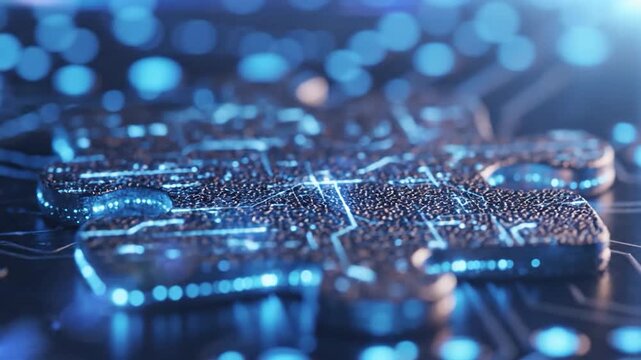Abstract puzzle piece with circuitry lines and bokeh effects