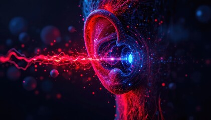 Neon red and blue lights illuminate an abstract human ear. Particles of sound waves enter the auditory canal, signifying the reception of audio data. Innovative technology for sound and hearing