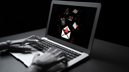 A robotic hand interacts with a laptop, visualizing digital communication with alert symbols. The image represents cybersecurity threats and modern technology in a dark setting. Gantry